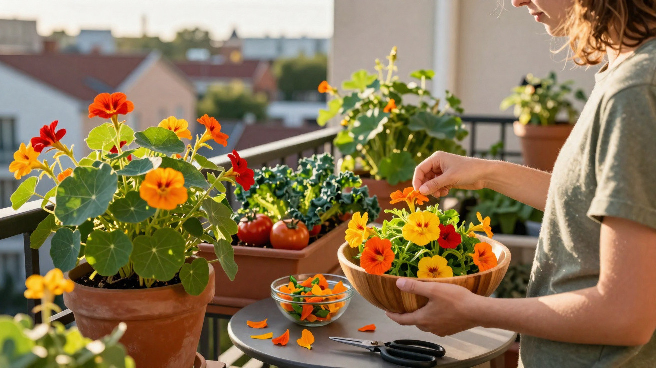 Person arranging orange and yellow flowers on a balcony with potted plants and tomatoes in sunlight.