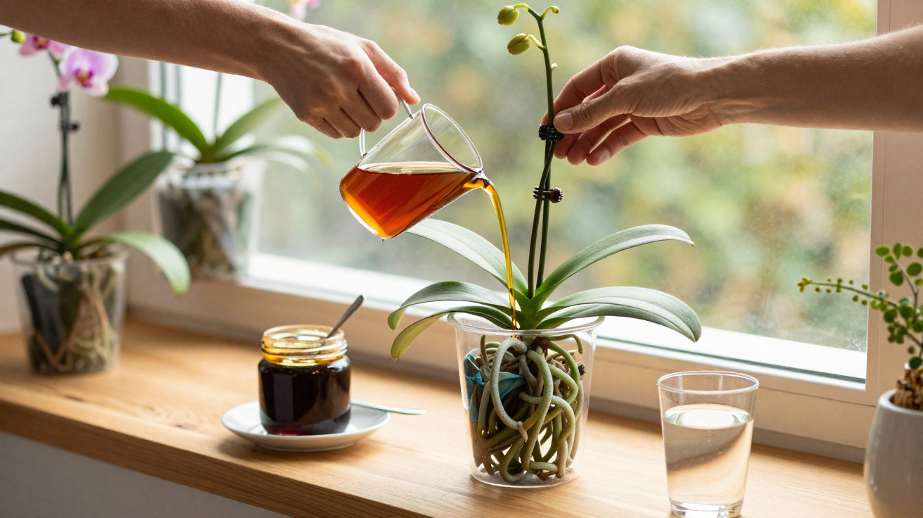 Person watering an orchid plant with tea from a glass pitcher on a windowsill with other plants and a jar of honey.