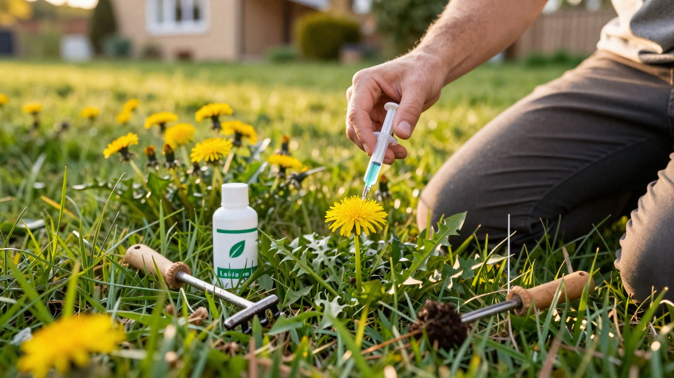 Person injecting a yellow dandelion in a garden lawn with gardening tools and a bottle nearby.