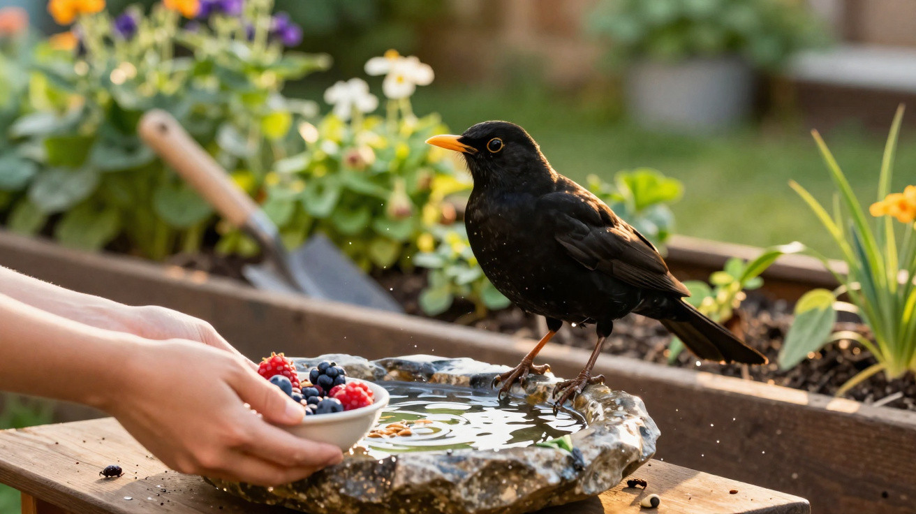 Blackbird perched on stone birdbath with a hand holding a bowl of mixed berries nearby in a garden.