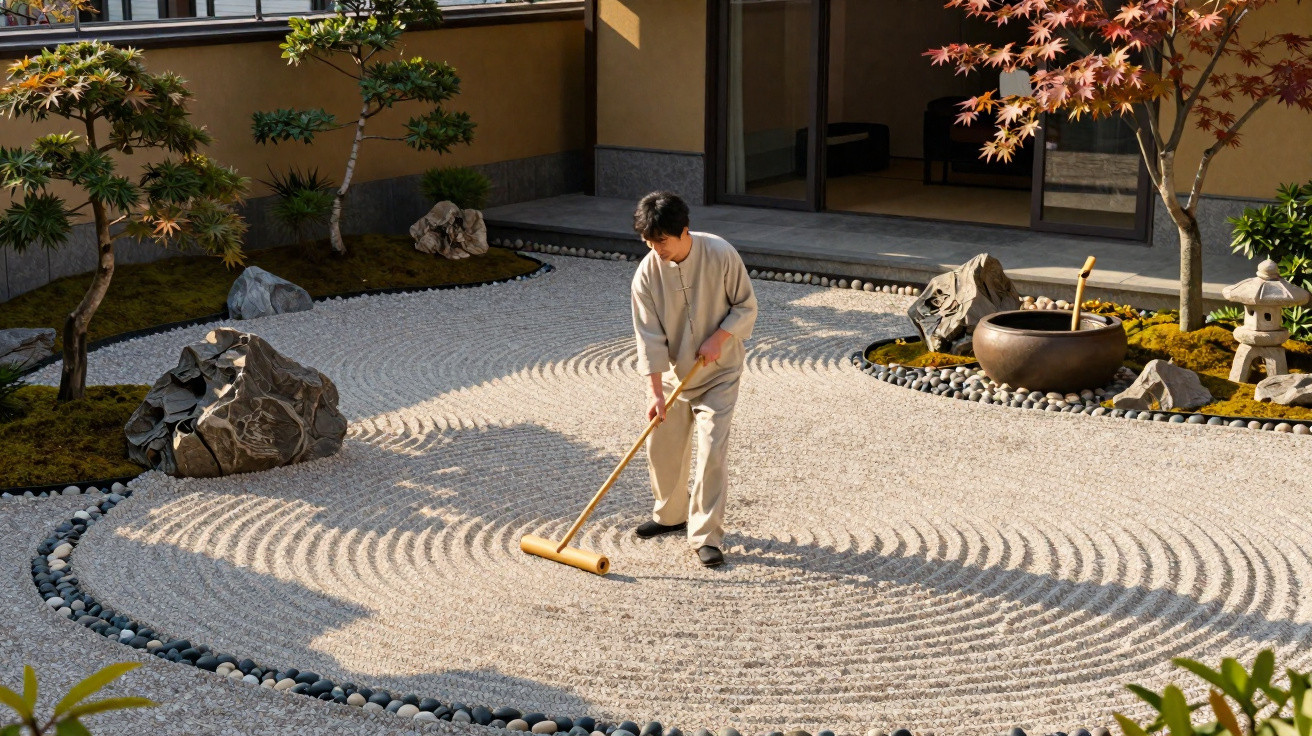 Person raking patterns in a serene Japanese rock garden with trees, rocks, and a water basin.