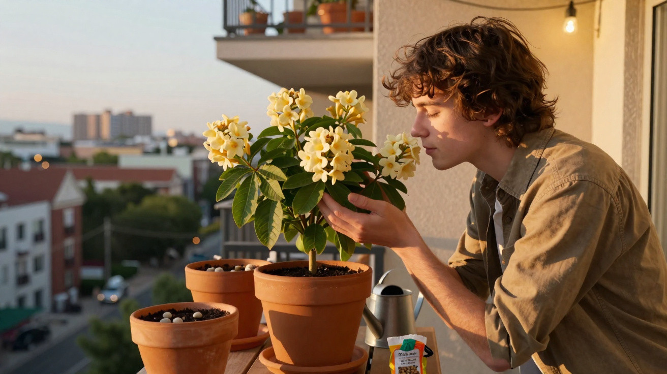 Young person smelling yellow flowering plant on balcony with city buildings in the background at sunset