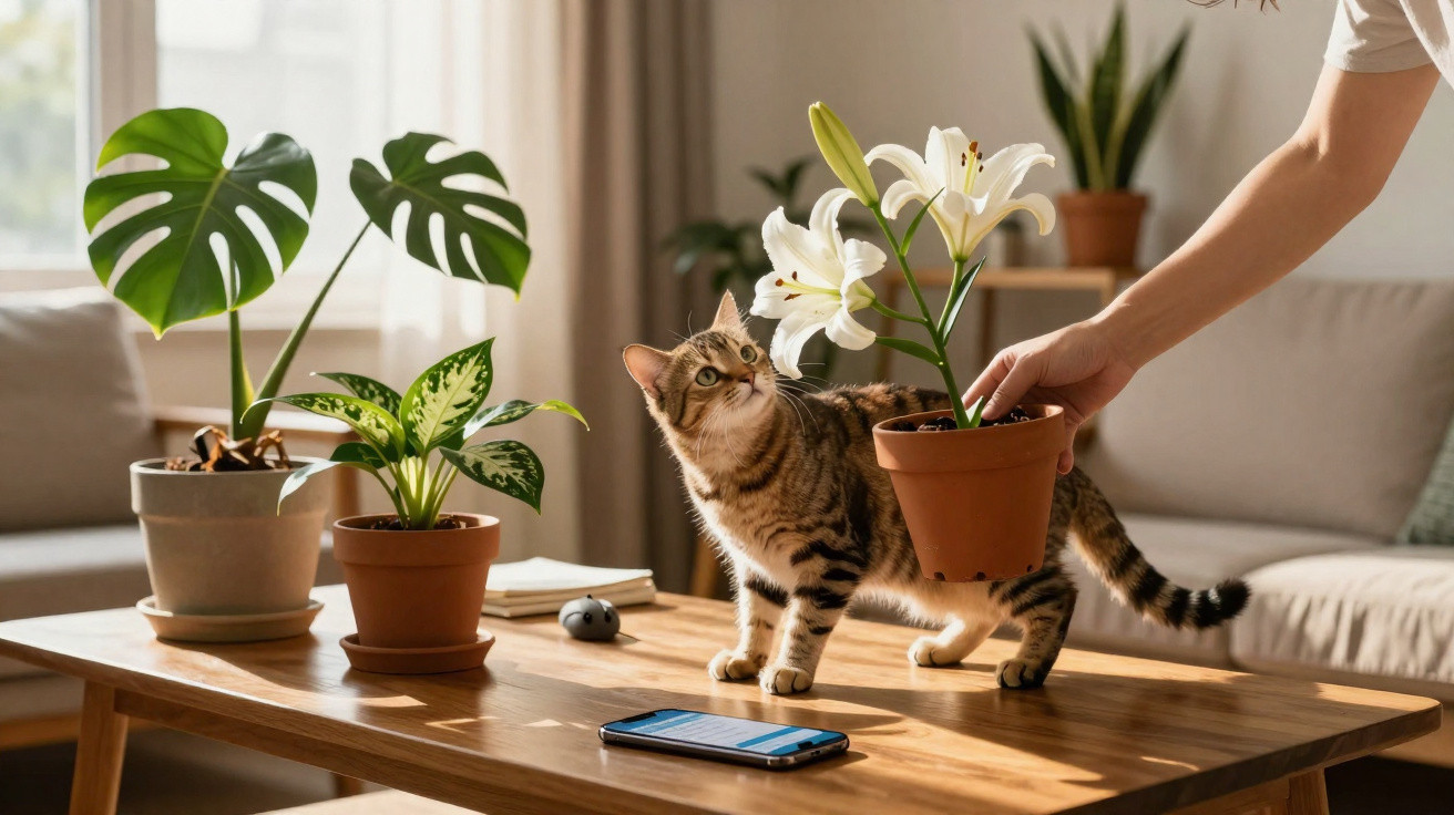 Tabby cat on wooden table sniffing white lilies being placed next to two potted houseplants and a smartphone.