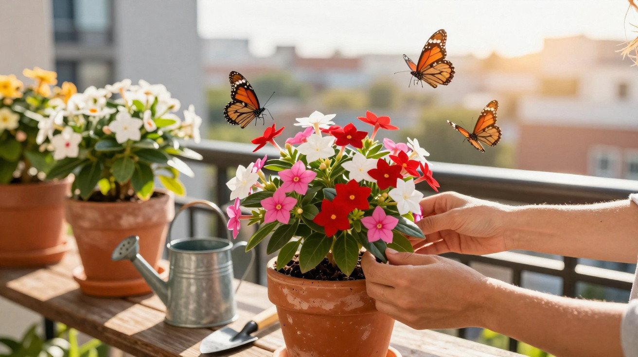 Hands arranging colourful flowers in a pot on a balcony with three butterflies fluttering nearby at sunset.