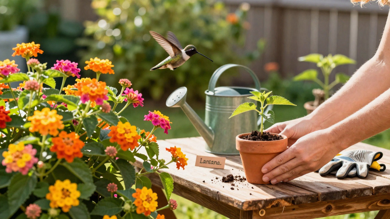 Hands planting a small green plant in a pot on a wooden table with colourful lantana flowers and a hummingbird nearby