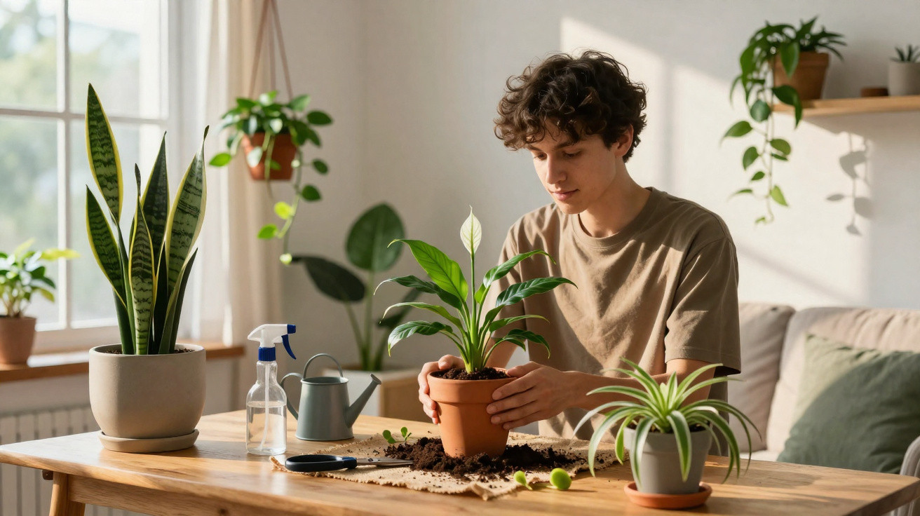 Young man repotting a green houseplant at a wooden table with gardening tools and sunlight from a nearby window.