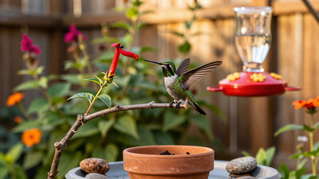Hummingbird hovering near a red flower with a feeder and potted plants in the background.