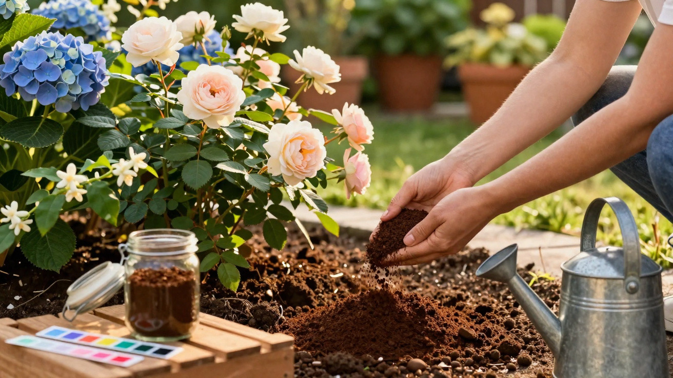 Hands adding soil to a garden bed with blooming hydrangeas and roses, a watering can nearby.