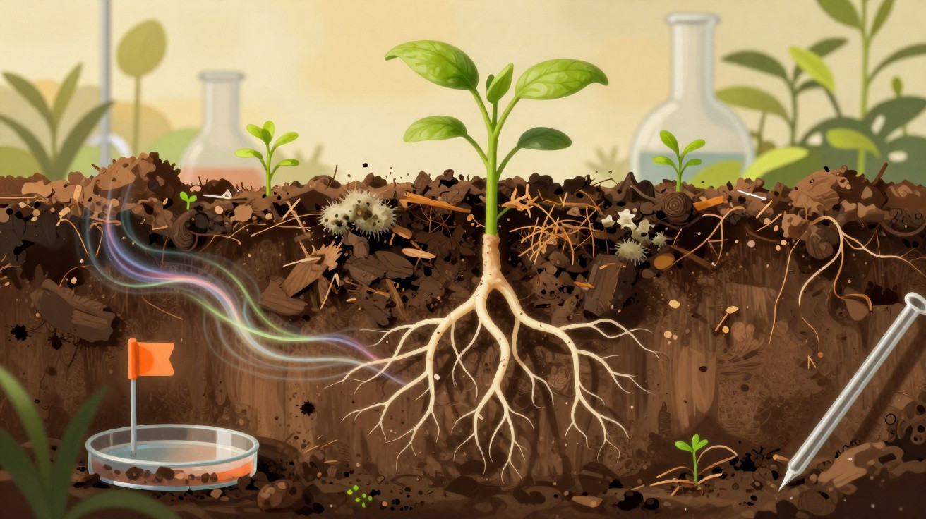 Cross-section illustration of soil showing plant roots, soil organisms, and a Petri dish with a flag.