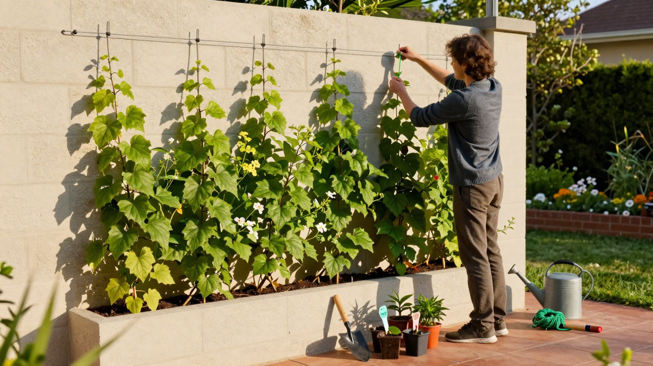 Person tying climbing plants to a trellis on a garden wall with gardening tools nearby.