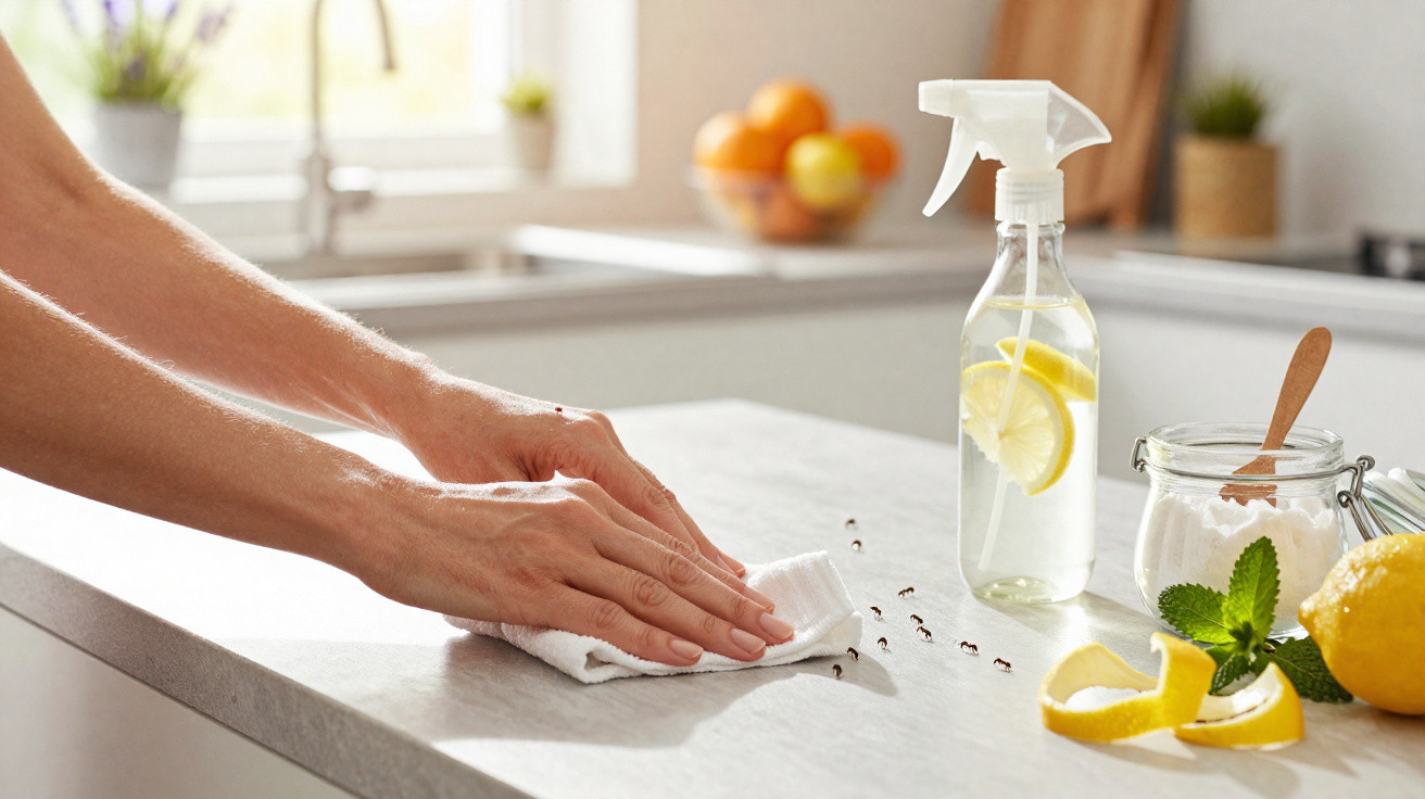 Person cleaning a kitchen countertop with a cloth, lemon water spray, and natural cleaning ingredients nearby.