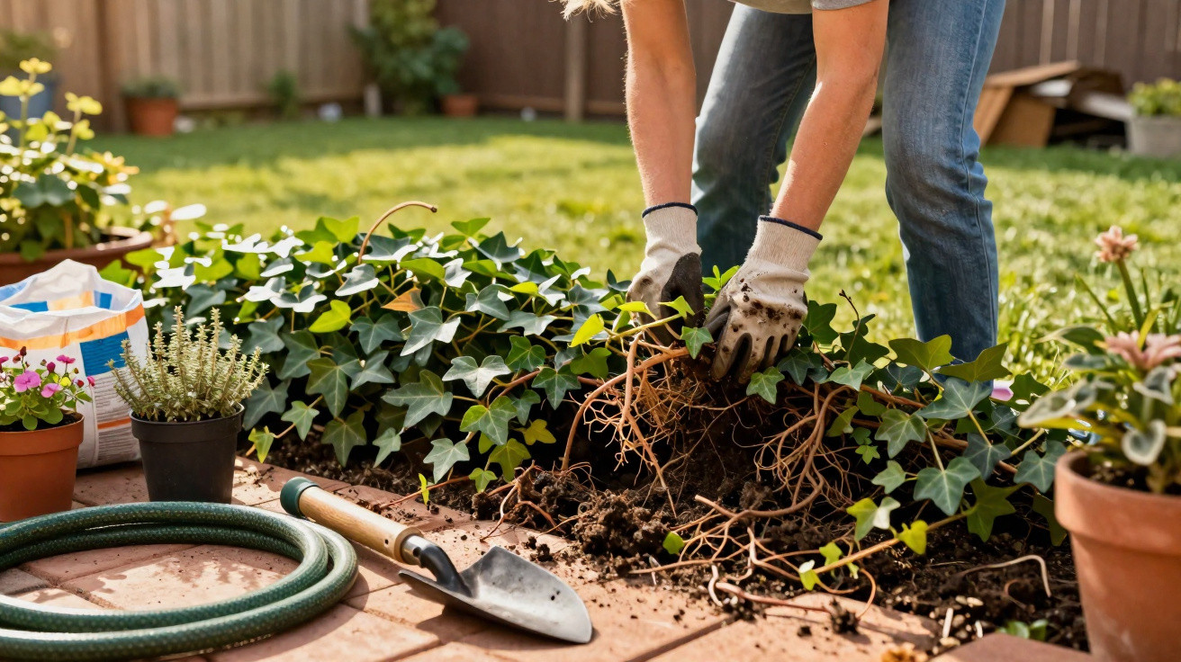 Person wearing gloves pulling out ivy plants from garden bed with gardening tools and pots nearby.