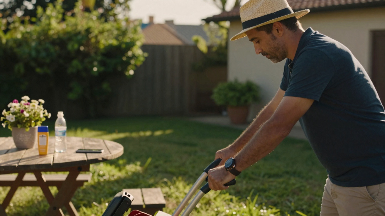 Man wearing a hat mowing the lawn in a sunny garden with a wooden table and flowers nearby.