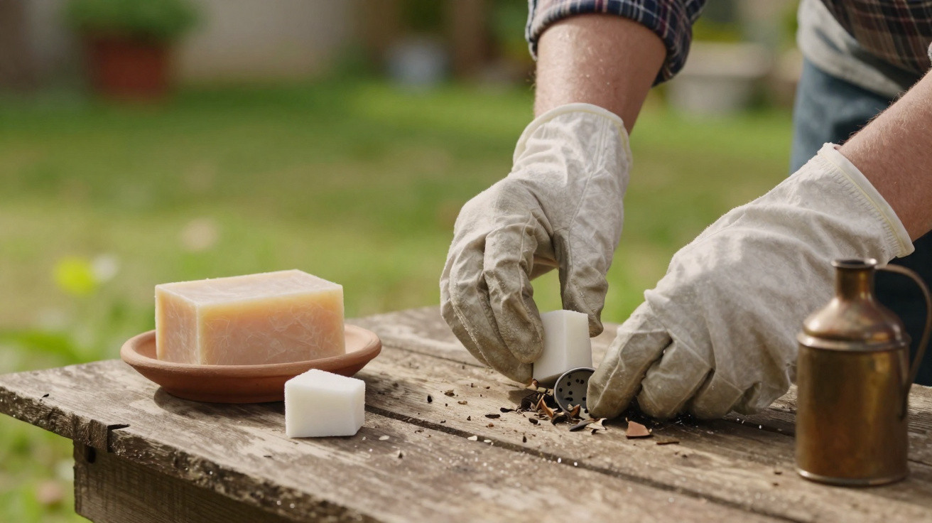 Person wearing gloves cleaning a small metal container on a wooden table outdoors with gardening soap nearby.