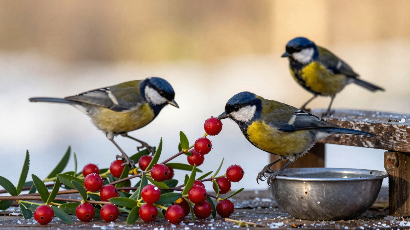 Three blue tits perched near a cluster of red berries on a wooden surface with a metal bowl.