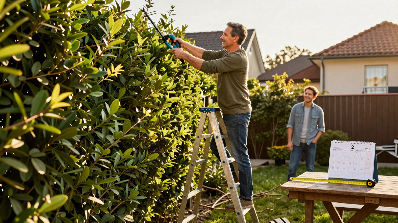 Man trimming tall hedge on ladder while another man watches in suburban garden on a sunny day