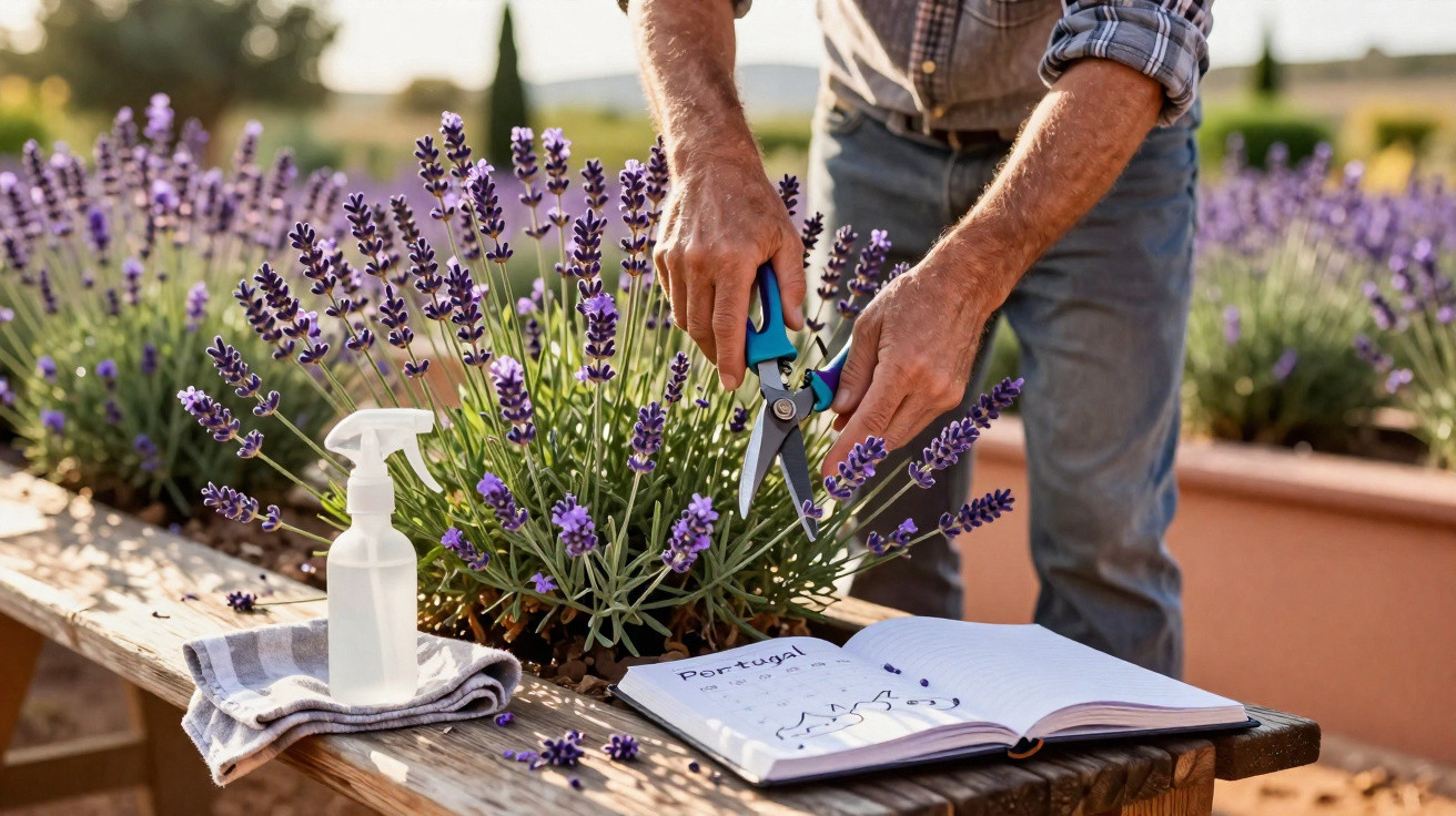 Person trimming lavender with shears next to a spray bottle and open notebook on wooden bench outdoors.