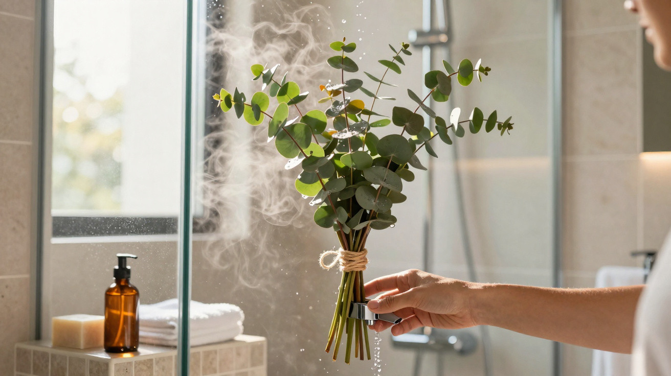 Hand holding a bouquet of eucalyptus branches releasing steam in a bright bathroom.