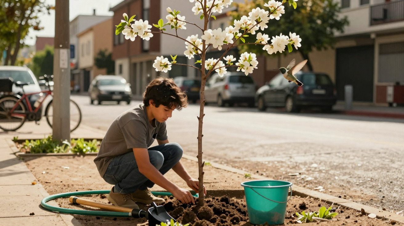 Boy planting a young blossoming tree on a city street with gardening tools and a bucket nearby.