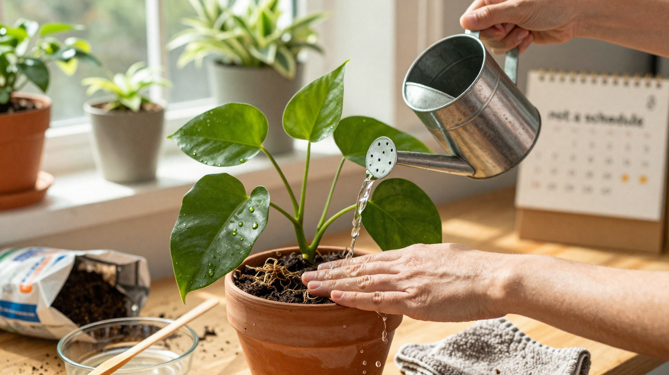 Hands watering a green potted plant indoors next to a window with other plants and a calendar.