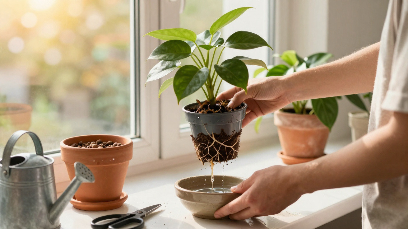 Hands holding a potted plant with visible roots over a bowl on a sunny windowsill with gardening tools nearby.