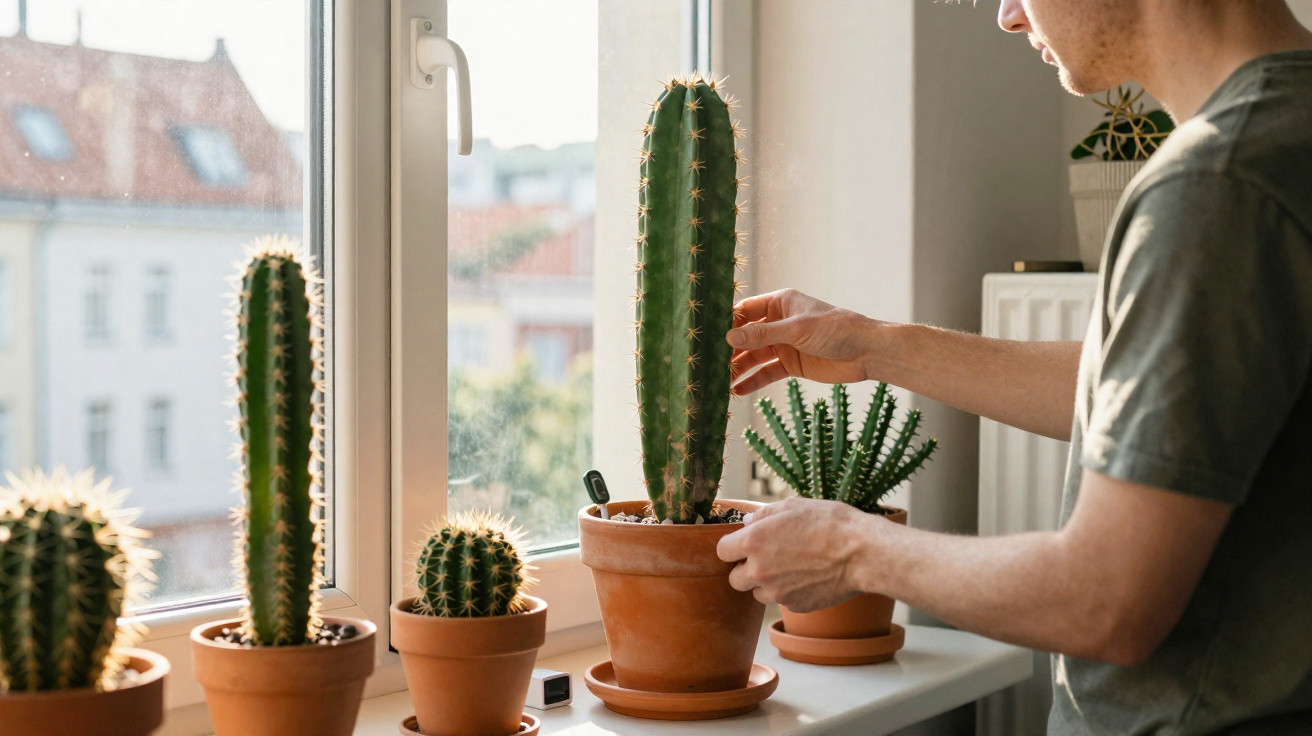 Person tending to a variety of potted cacti and succulents on a windowsill with sunlight streaming in.