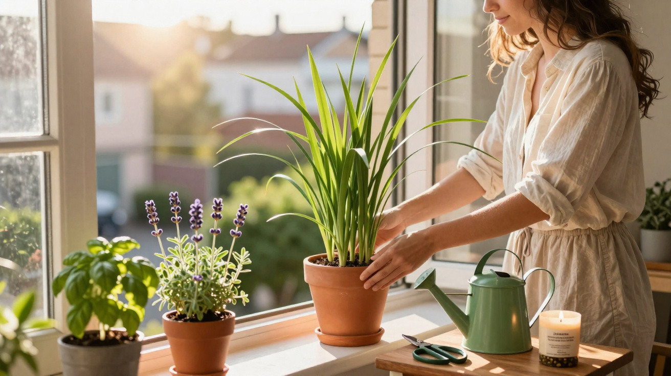 Woman tending to potted plants on a sunlit windowsill with gardening tools and a watering can nearby.