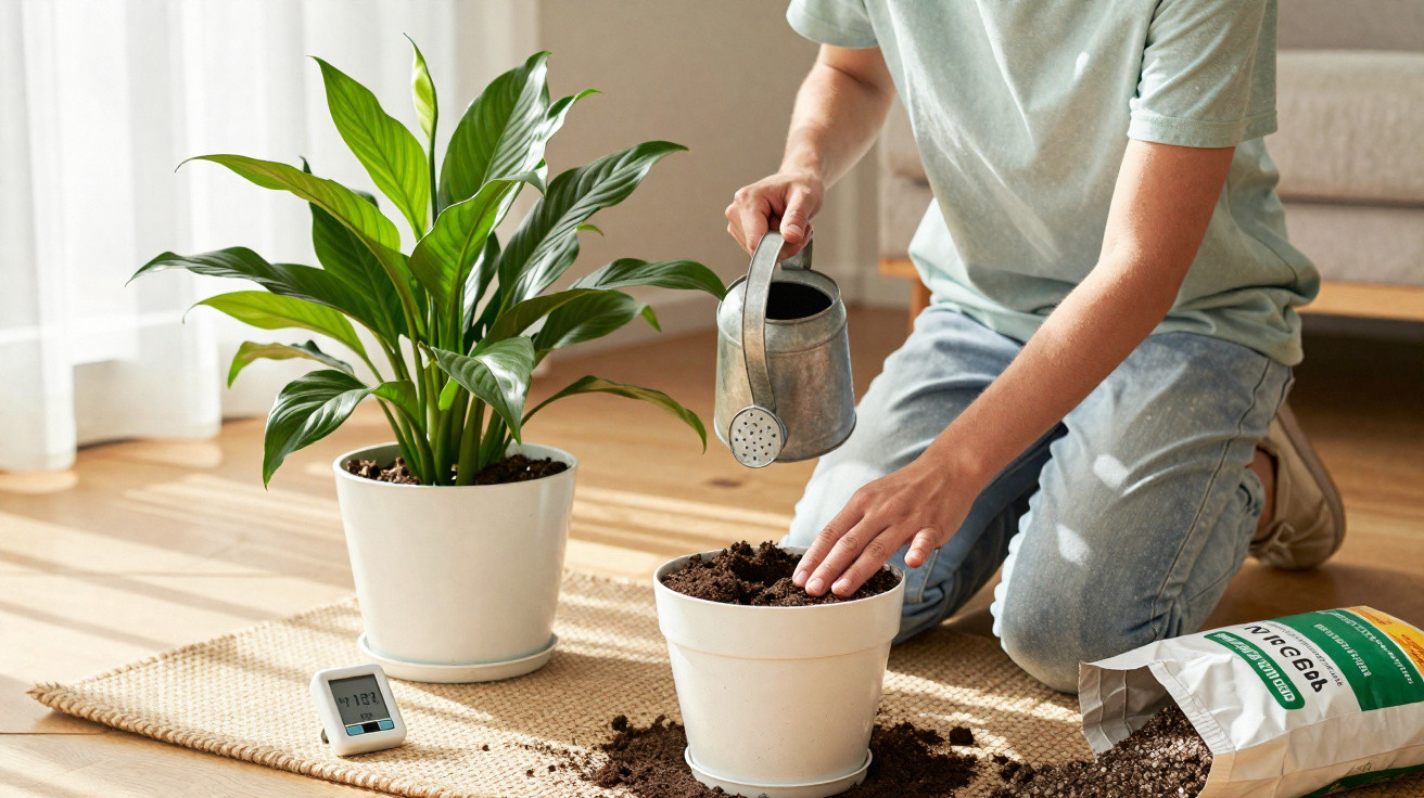 Person watering soil in a white pot indoors next to a green houseplant and gardening supplies on a rug.