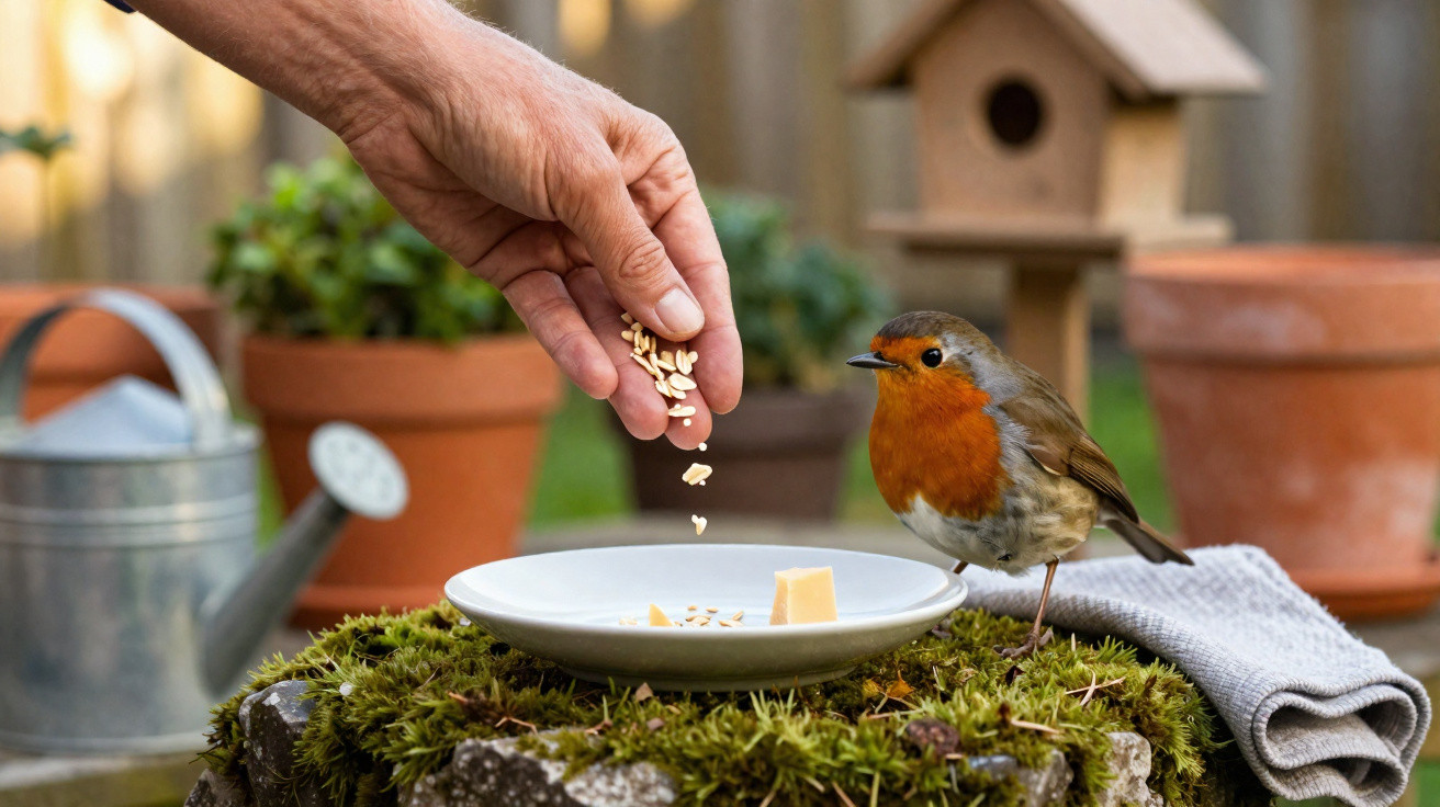 Hand feeding seeds to a European robin perched on a plate outdoors with garden tools in background.