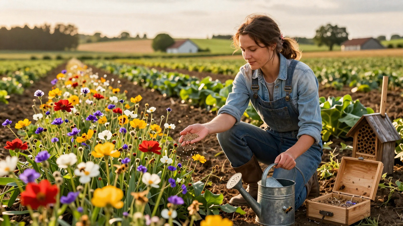 Woman in denim overalls sowing seeds beside colourful wildflowers in a field with a watering can and insect house nearby.