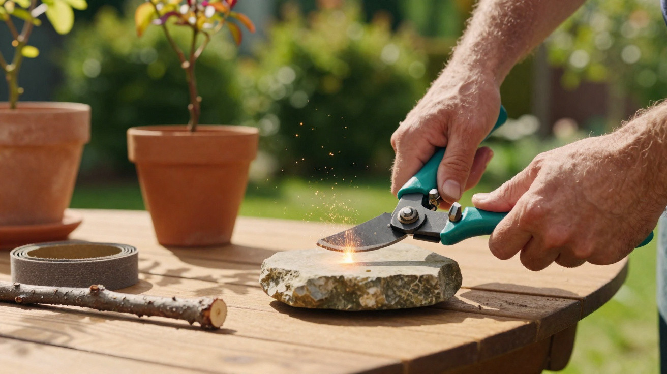 Hands striking a flint with pruning shears to create sparks on a wooden table outdoors with plants in pots.
