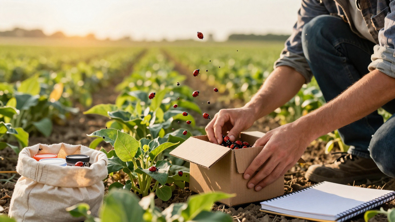 Person collecting ladybirds in a cardboard box in a green crop field at sunrise, with notebook nearby.