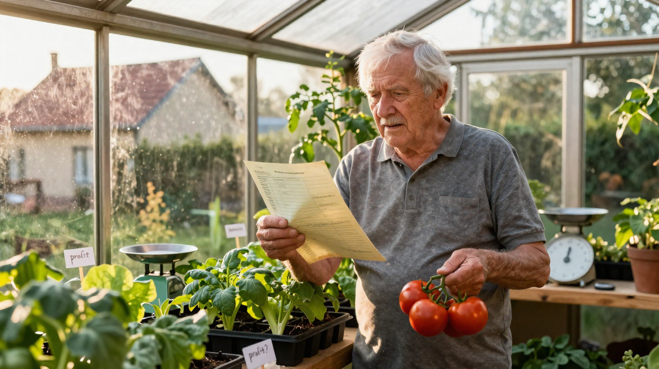 Elderly man holding tomatoes and a document, standing among potted plants inside a greenhouse.