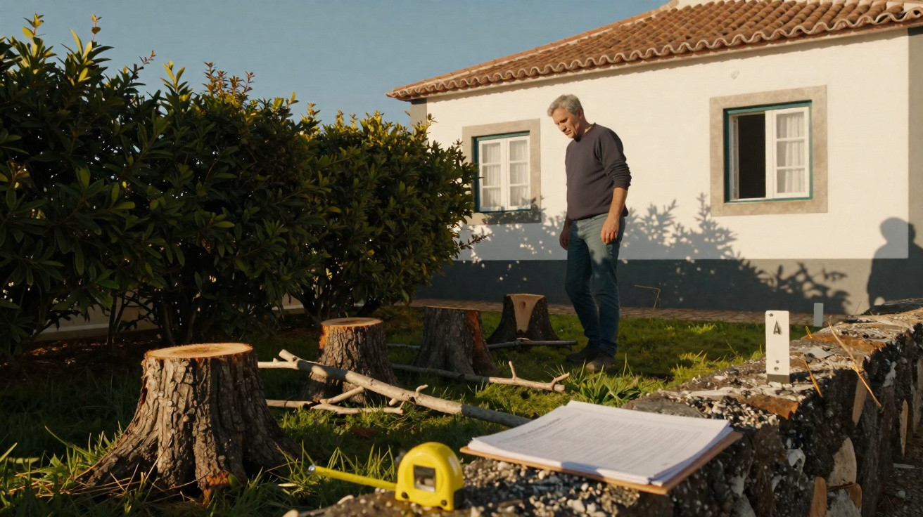 Man standing outdoors near freshly cut tree stumps beside a stone wall with a measuring tape and clipboard nearby.
