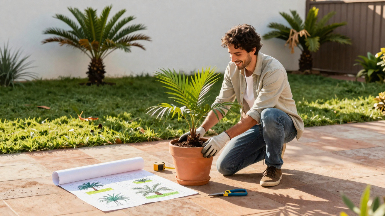 Man kneeling on patio planting a palm tree in a pot next to gardening tools and a plant design plan.
