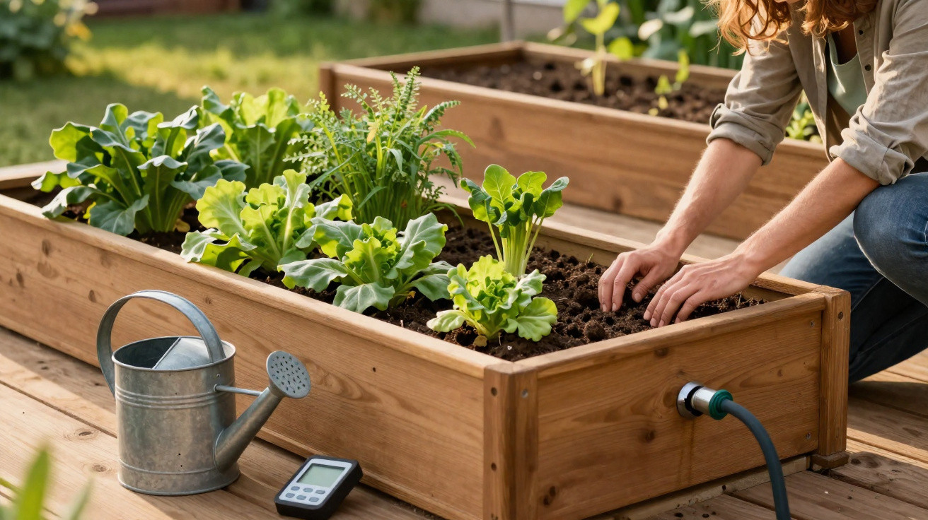 Person tending to vegetables in a wooden raised garden bed with a watering can and digital meter nearby.