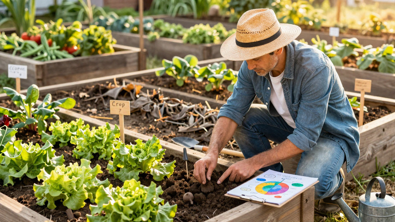 Man in a straw hat tending to plants in raised garden beds, holding a clipboard with charts nearby.