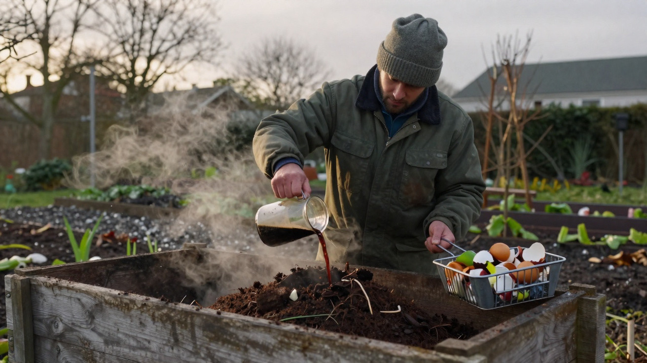 Man pouring coffee grounds into a compost bin in a garden during late afternoon.