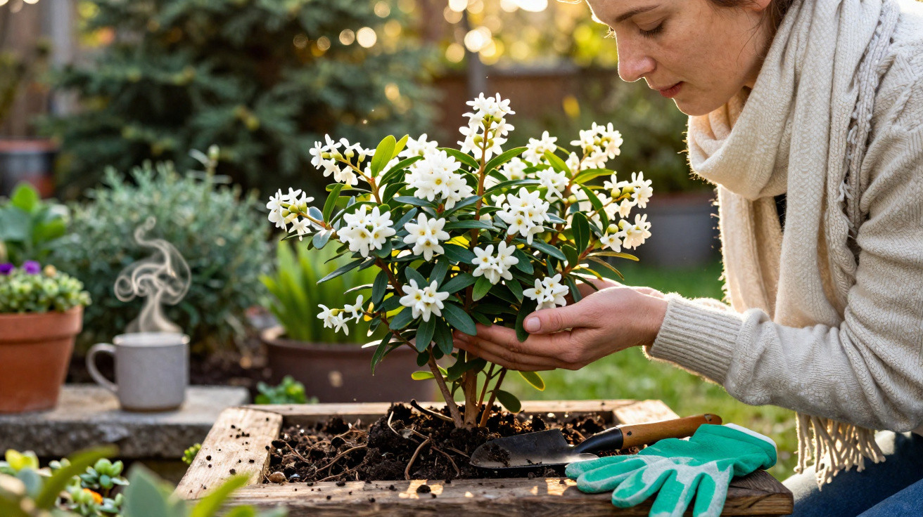 Woman tending to a flowering white gardenia plant in a wooden planter outdoors.
