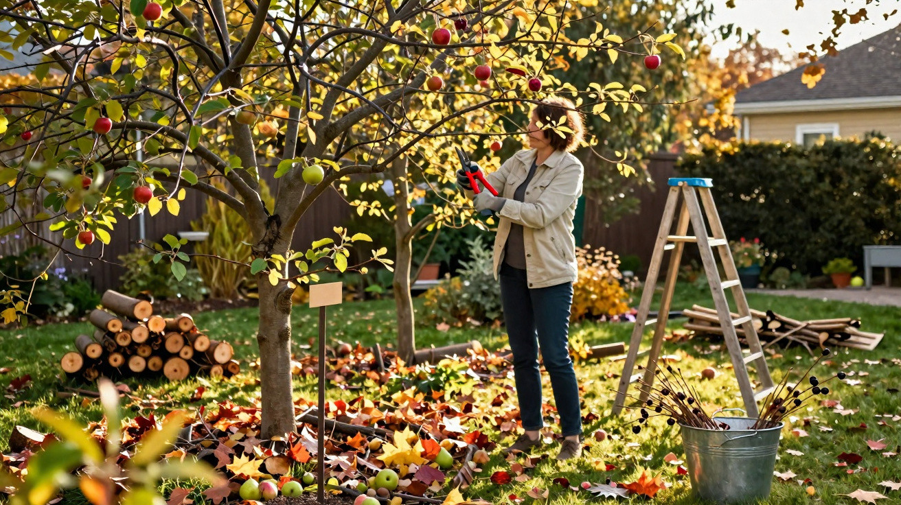 Person pruning apple tree branches in autumn garden with ladder and cut wood nearby