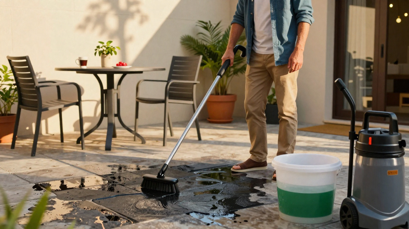 Person cleaning outdoor tiled patio with brush, bucket, and wet/dry vacuum cleaner nearby.