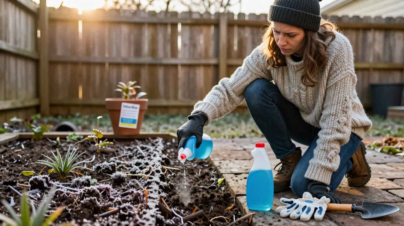 Woman in a knit sweater and beanie applying garden pesticide to plants in a fenced backyard during daylight.