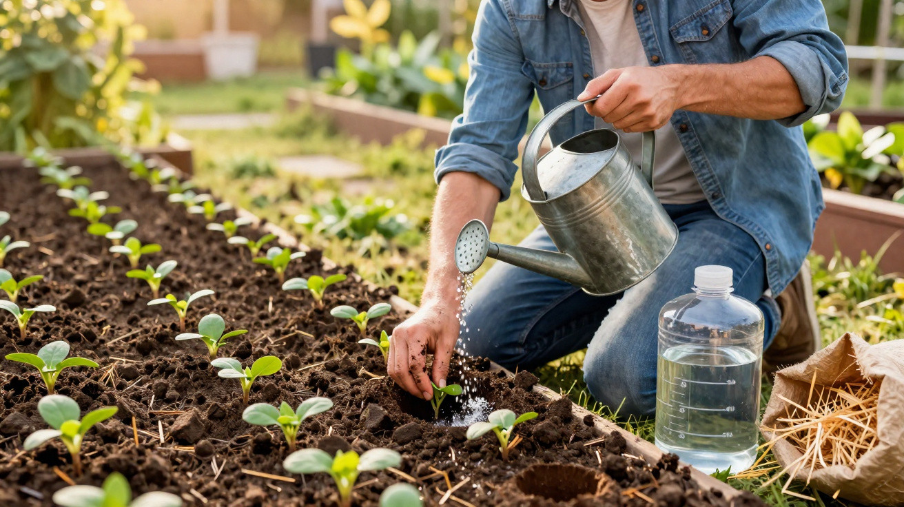 Person watering and fertilising young plants in a garden bed with a metal watering can on a sunny day.