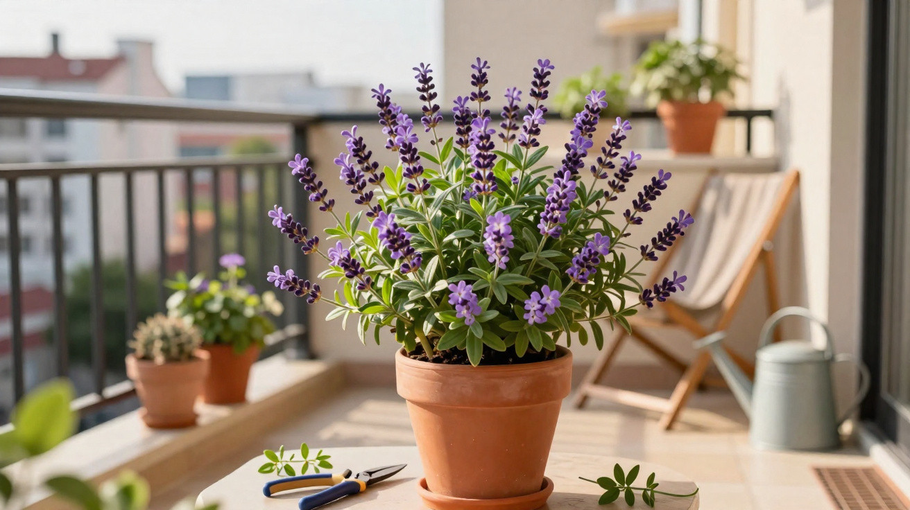 Lavender plant in a terracotta pot on a balcony table with gardening tools and other potted plants nearby.