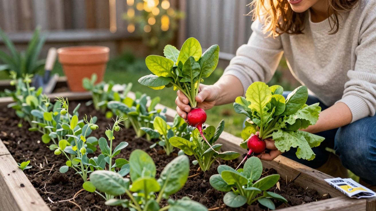 Person harvesting fresh radishes from a raised garden bed with green plants in a backyard.