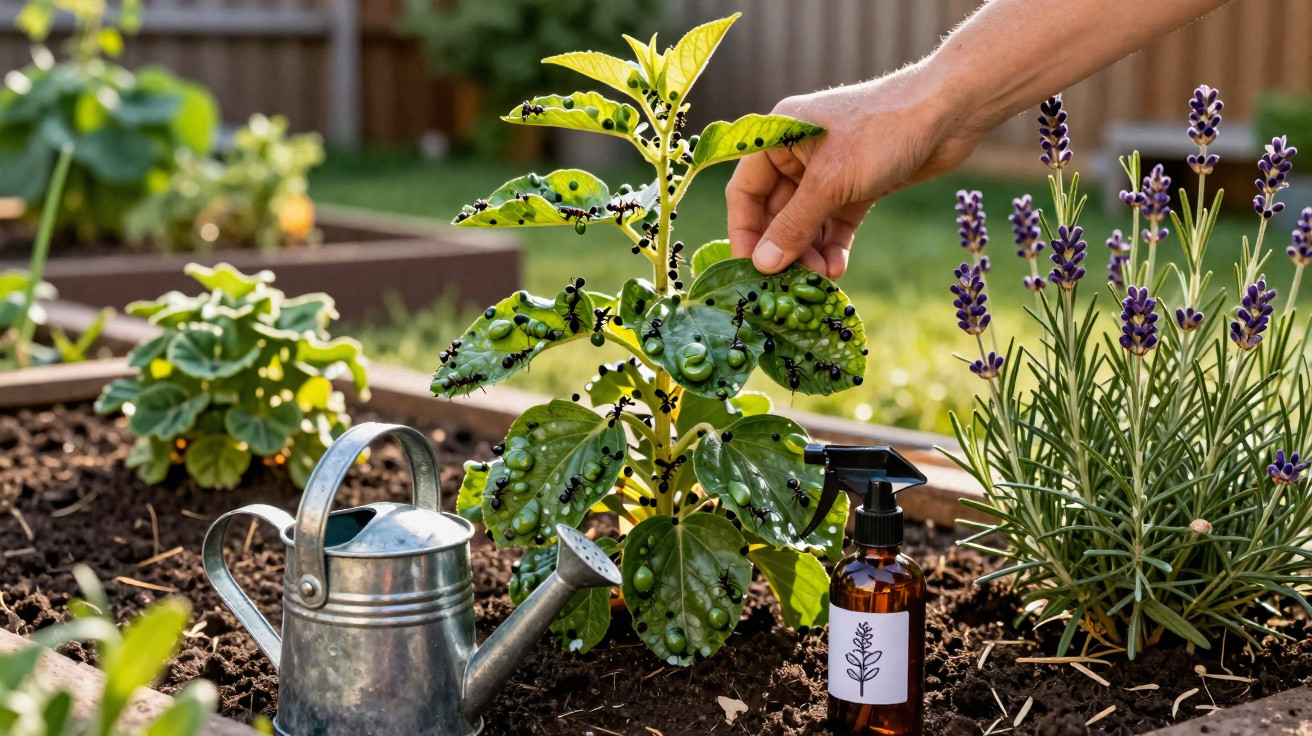 Hand inspecting soapberry plant with black berries in garden bed, next to watering can and spray bottle.