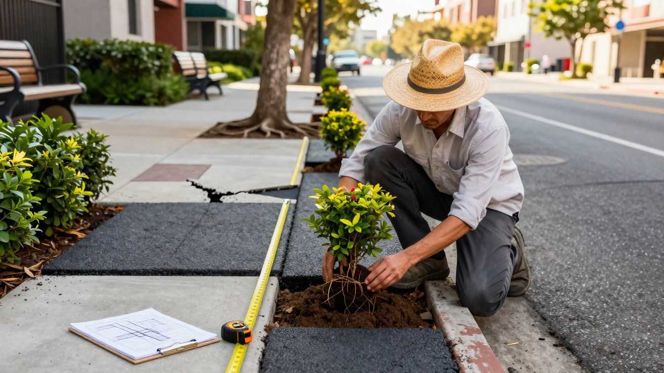 Man wearing a straw hat planting a small shrub in a sidewalk gap in an urban area during daytime.