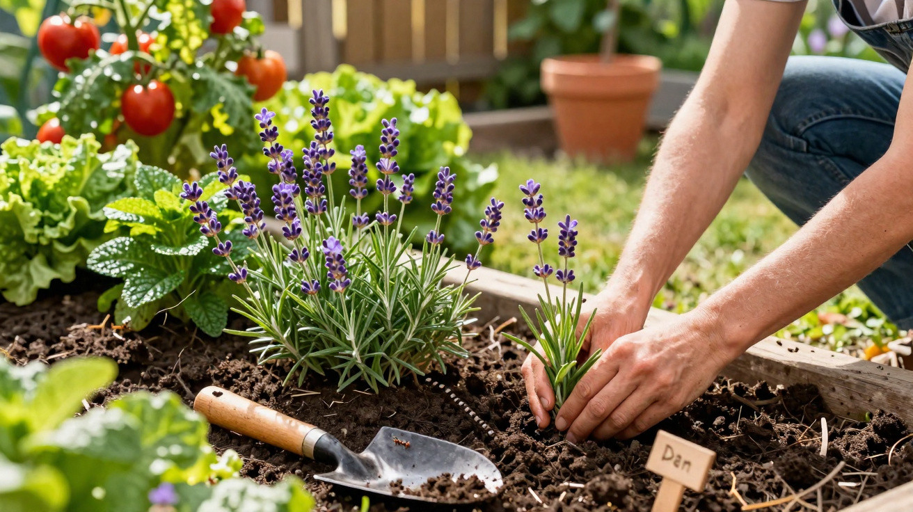 Person planting lavender seedlings in a garden bed with a trowel and ripe tomatoes nearby.