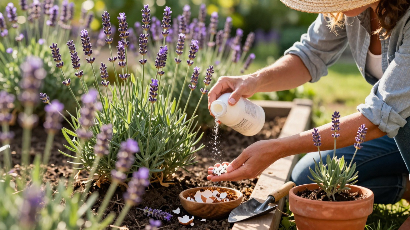 Person fertilising lavender plants in a garden with tablet fertiliser and gardening tools nearby.