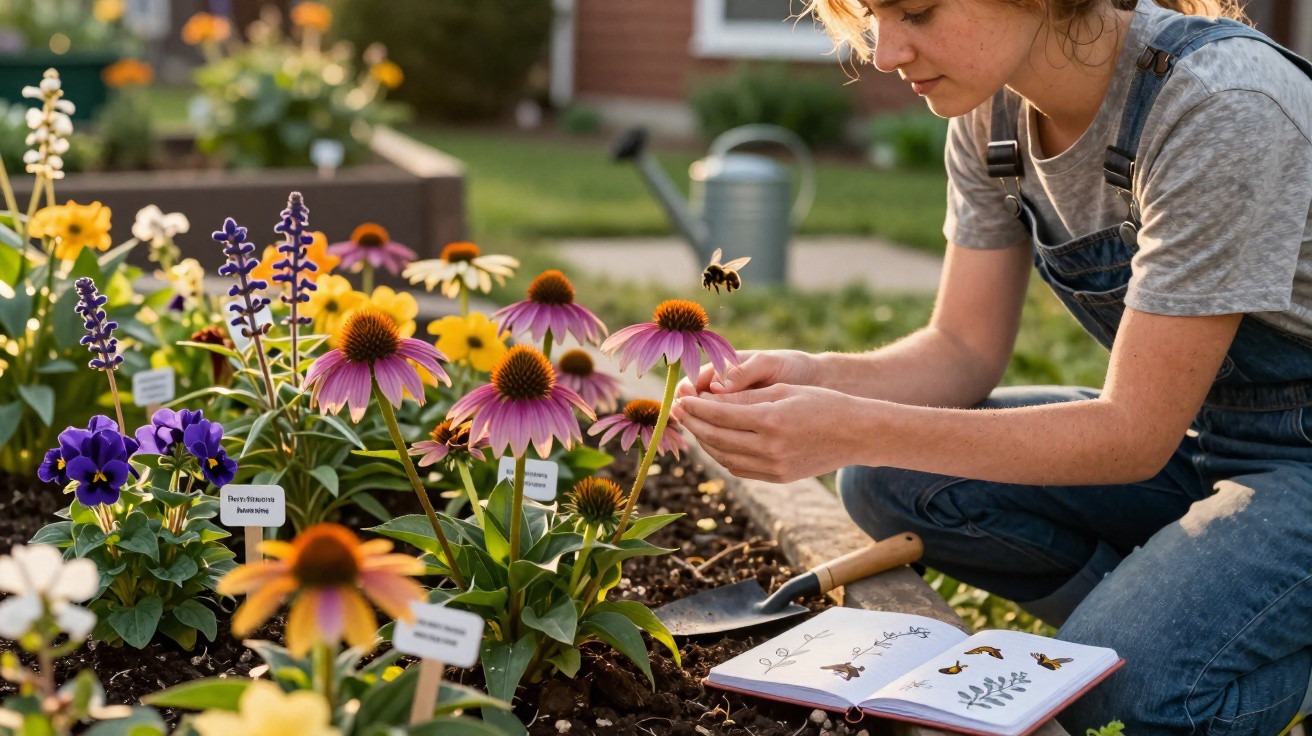 Person gardening among labelled flowers with an open notebook showing bee drawings on the soil.